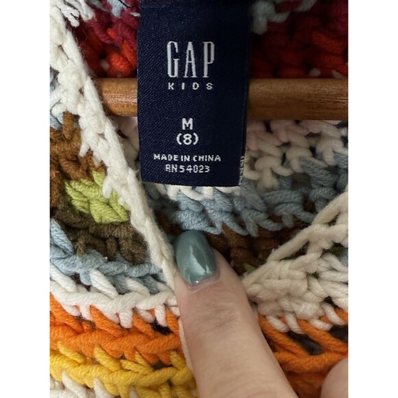 VTG Gap Kids Rainbow Hooded Poncho Fringe 90's Cotton Crochet Sz M/8 Retro - Picture 6 of 9